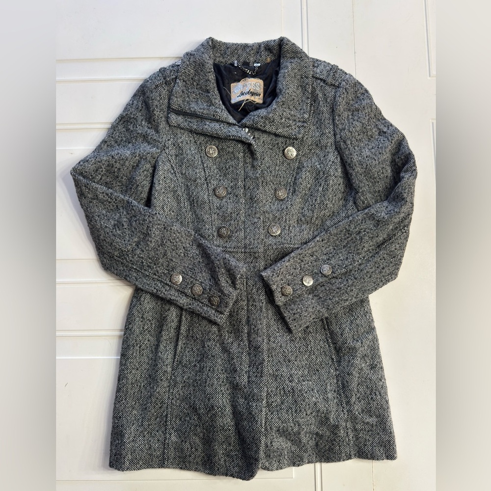 Guess Women’s Size Small Wool Blend Zip Up Long Peacoat Jacket Tweed